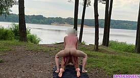 naked blonde rides outdoors, cumshot lands on bouncing tits