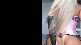 Brazilian blonde shemale Agatha Lira subtly rides in suggestive scene.