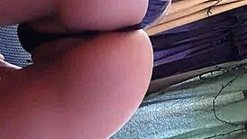 Bound japanese femdom masturbates while watching, comments on her ass.