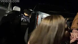 Risky wife sucks huge cock in bar parking lot. She walks off with cum on face.