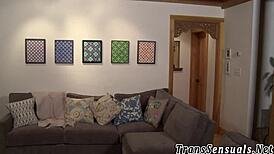 Watch this teen tranny cum while tugging her cock