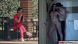 Busty brunette nurse gets rough blowjob and hard ass banging