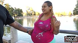 Pregnant Cassandra Cakez in hardcore fetish blowjob with swallow