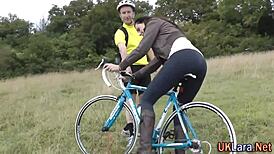 Mature British woman in stockings gets facial cumshot outdoors!