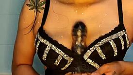 Brunette Housewife Blue Swallows Big Dildo in Homemade Flashing