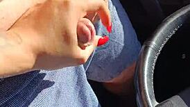 Blonde Couple's Public Handjob In Car Ends With Cumshot!