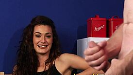 Clothed brunette watchin me, dang I’m so turned on!