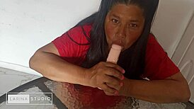 Sexy Mature Colombian Debuts Her New Dildo By Giving Wet Blowjob In Mouth