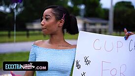 Tiny ebony babe sells her muffin for cash