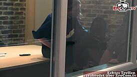 German teen in glasses and pantyhose films a raw homemade porno with petite brunette.