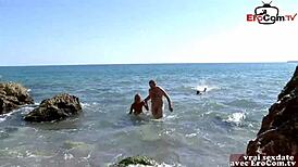 French blonde milf takes on two guys for intense anal dp threesome at the beach