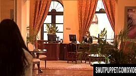 Slutty milfs Nessa Devil and Theodora Ferreri engage in anal threesome with cum in mouth