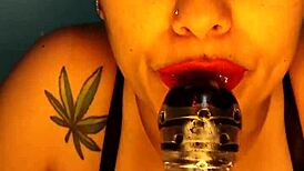 Brunette Housewife Blue Swallows Big Dildo in Homemade Flashing