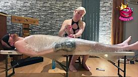 Blonde British milf tied up for edging in homemade bondage ruin