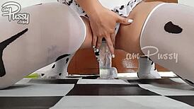 Big Dildo Stretches Tight Asian Shaved Pussy