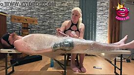 Blonde British milf tied up for edging in homemade bondage ruin