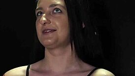 Multiple loads on her tiny tits on slender brunette