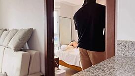 thief distracts with petite teen's curly ass banging