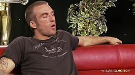 busty milf cindy behr gets her hands on a hard shaft and rides sideways on the sofa