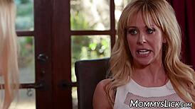 Blonde mommy and teen scissor while husband eats dinner unaware.