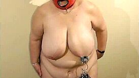 BDSM bondage slutty granny gets her nipples weighed