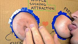 Nipple sucking action with huge natural tits on display