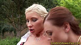 Kinky lesbians getting wild with outdoor golden shower fun