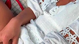 Amateur masturbates in car outdoors