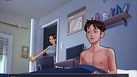 in summertime saga, the big tits babe rides cowgirl style on a game character