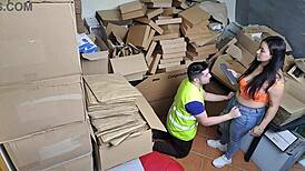 yo, my sexy latina boss caught me slacking on the phone in the warehouse