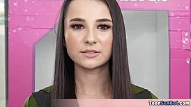 this long legged brunette teen sexbot is getting her tiny pussy destroyed by her proud owner, so cool!