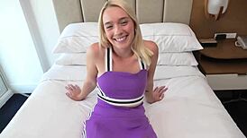 this petite blonde 18 yr old teases with skill