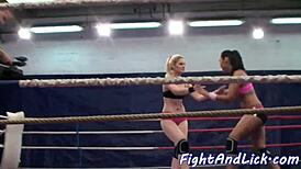 muscular lezzies wrestling in the boxing ring