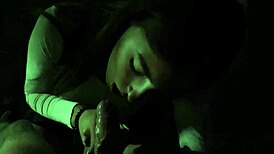 brunette flashes pussy in mini skirt before risky outdoor blowjob