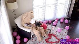 Petite stepsis Jasmine Grey surprised with giant teddy bear. She gets an orgasmic dicking down!