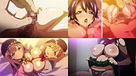 Hentai screen divided into anime big tits scenes