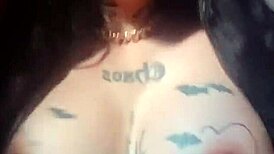 Woman with huge pussy lips shows off hairy goth tits and masturbates