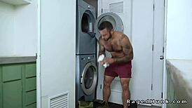 Tattooed muscle roommates pound each other bareback in the living room