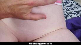 Tiny stepdaughter bends over to prove herself to daddy. It gets intense!