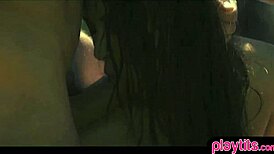 Two brunette pornstar hotties have an outdoor threesome by the pool, performing blowjobs.