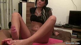 German Petite Teen Delivers Intense Footjob in POV