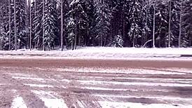 winter flashing of big naked ass in snowy outdoor solo. blonde babe teases with sexy homemade public display.