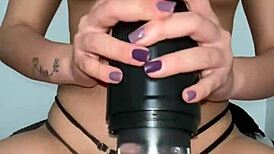 My whore friend intensely masturbates me with a toy in bold action.