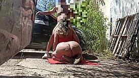 Chubby transsexual sucks cock outdoors with raw passion