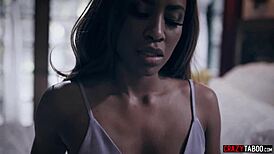 Ebony teen 18+ licks tits in hardcore interracial sex.