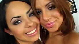 omg, two hot brunettes swapping cum with one lucky dude, what a wild 3some! 😍