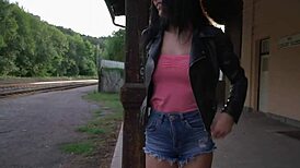 Public Agent Mia Trejsi teases with dildo in outdoor fuck