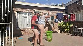 hey, wanna see outdoor fucking while stripping off laundry?