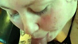 Fat B eagerly sucks cock, he cums on her cookies