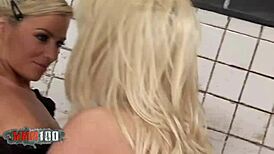 Two skinny blonde teens explore lesbian fun with dildos and stockings 😍